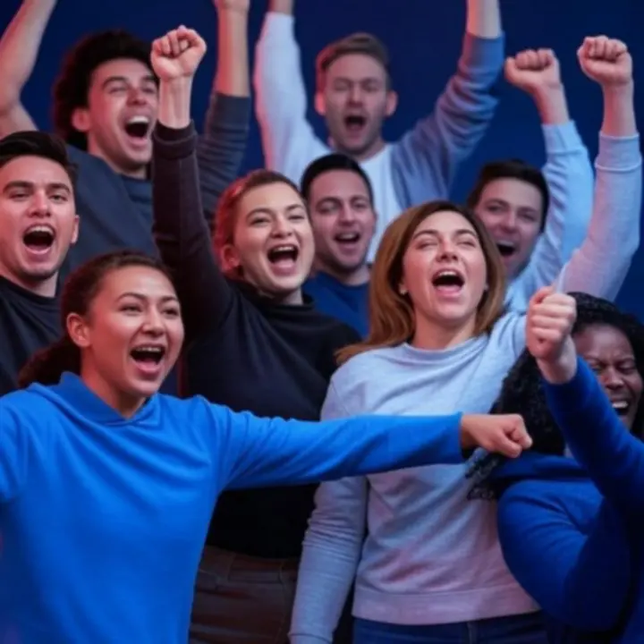 Grupa kibiców świętujących wspólnie zwycięstwo w eleganckim wnętrzu