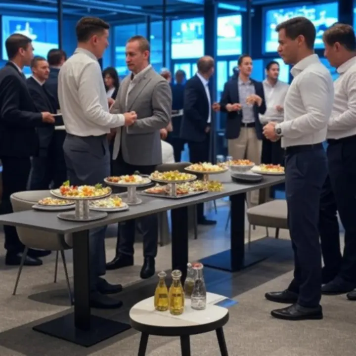 Ustawienie sali na event korporacyjny z ekranami i stolikami