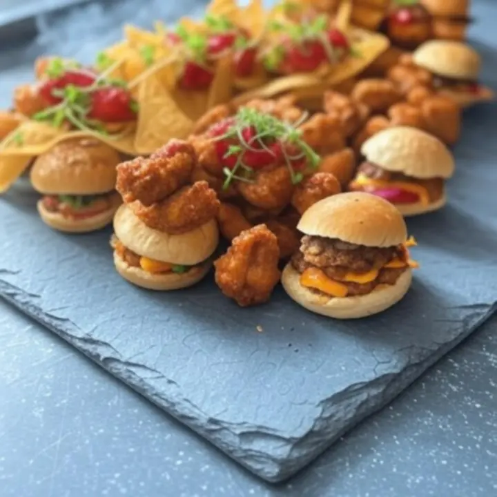 Premium burgery Wagyu i talerze z przekąskami serwowane podczas transmisji