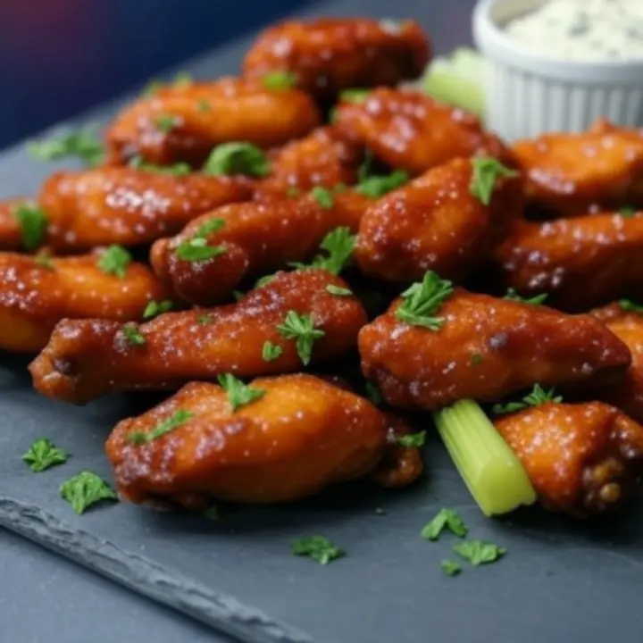 Gourmetowe skrzydełka z sosem i dodatkami podane na drewnianej desce