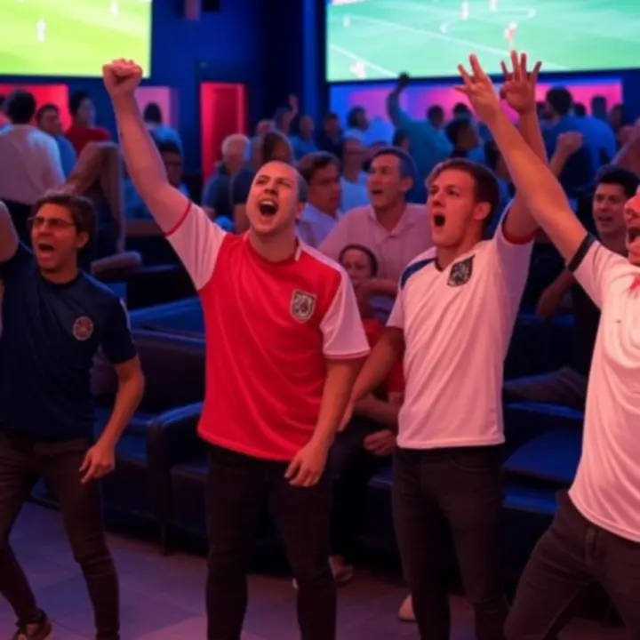 Tłum kibiców świętujących podczas transmisji sportowej na dużych ekranach