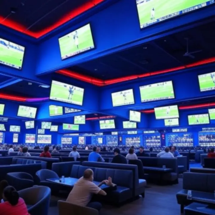 Wnętrze FirstLuxx z wieloma ekranami wyświetlającymi transmisje sportowe