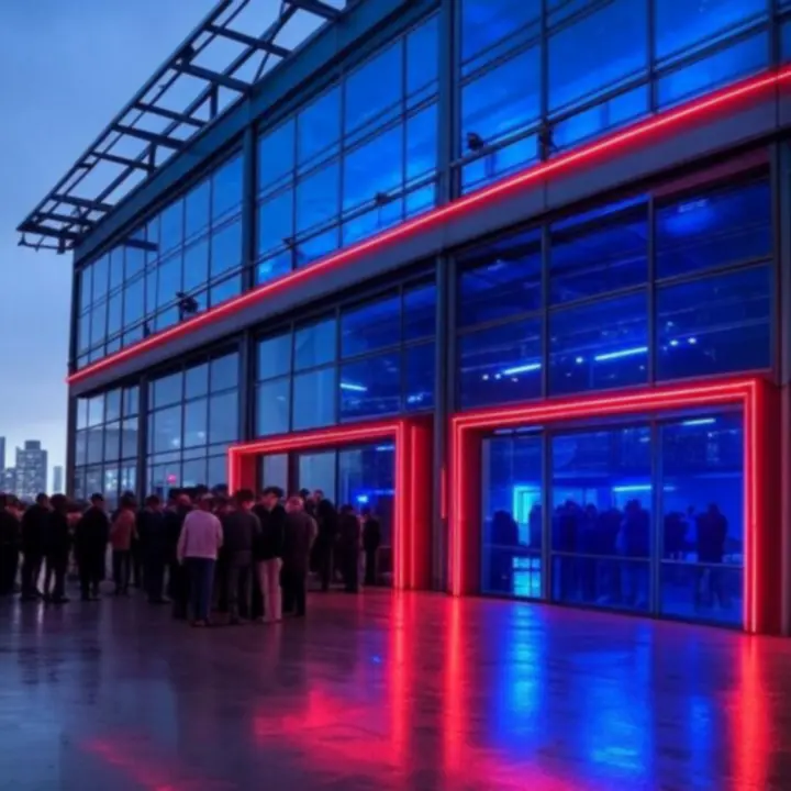 Fasada FirstLuxx nocą z industrialnym designem i podświetleniem LED