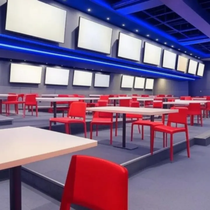 Wnętrze lokalu z wieloma ekranami i wygodnymi miejscami do siedzenia